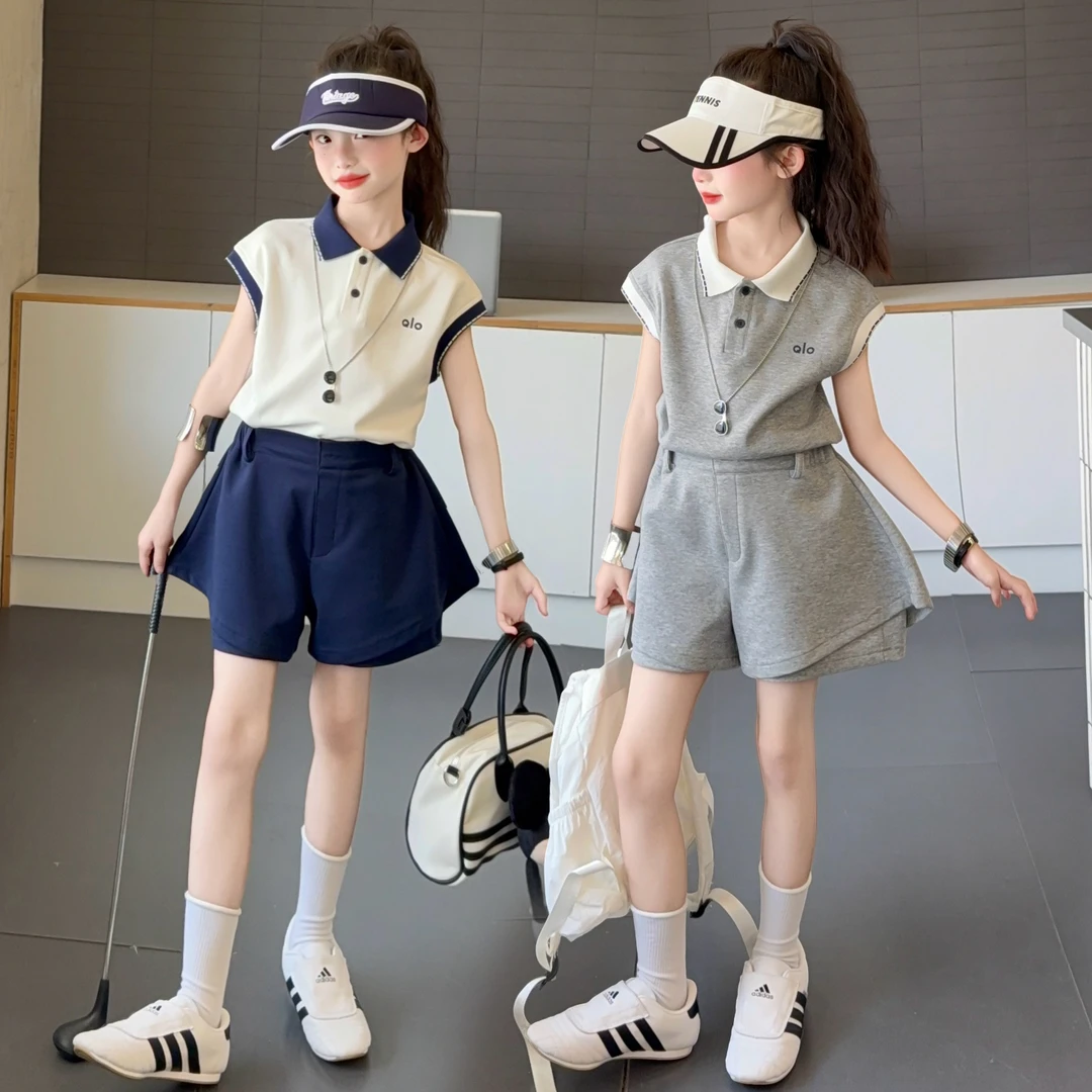 女童夏款休闲套装新款中大童洋气短袖Polo衫裤裙两件套小女孩夏装