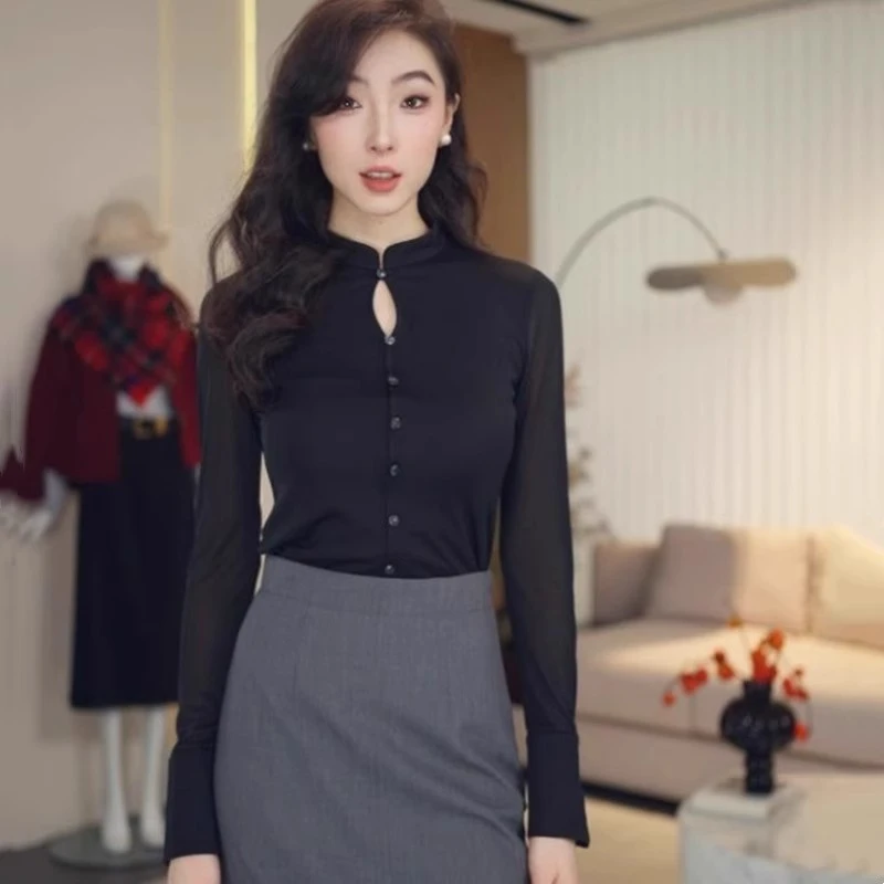 商场同款2025春秋季新款新中式旗袍领印花弹力网纱长袖衬衫女