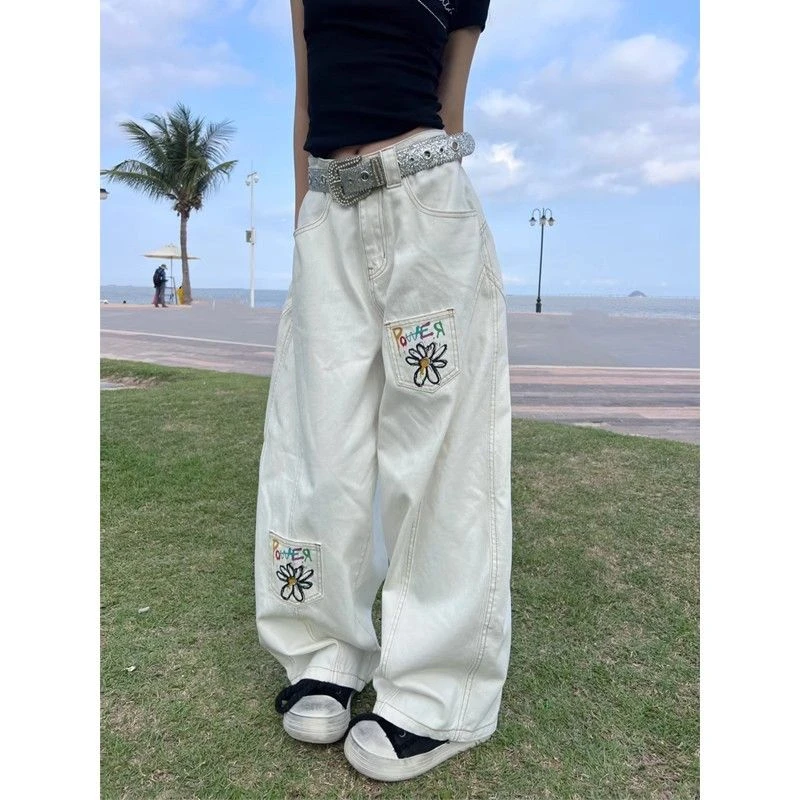 vintage美式复古花卉刺绣阔腿弯刀牛仔裤男女显瘦情侣款休闲裤