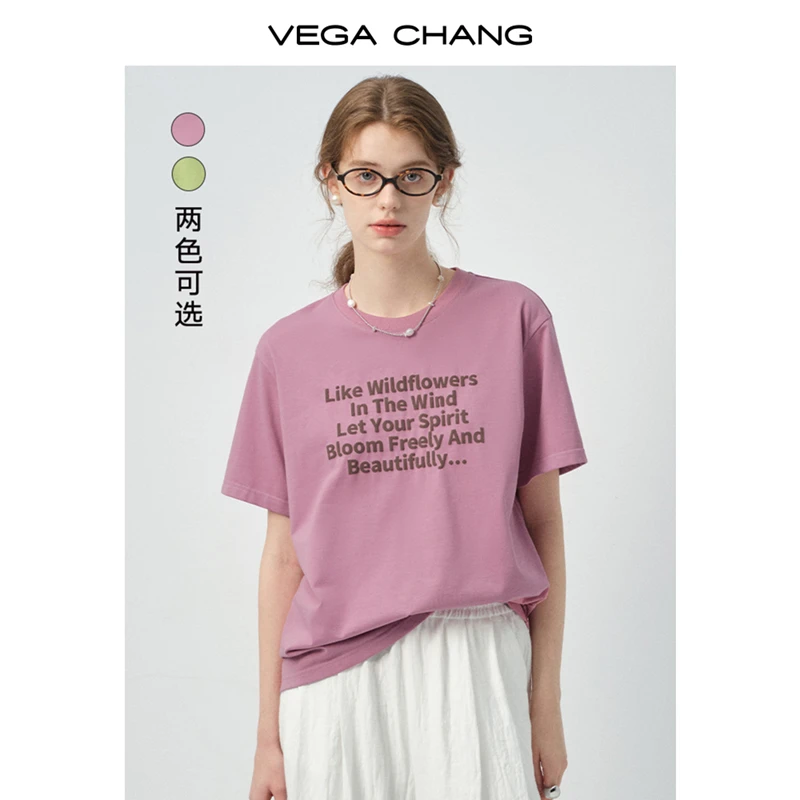 VEGA CHANG短袖女t恤2025新款夏季字母印花圆领宽松上衣0696LW