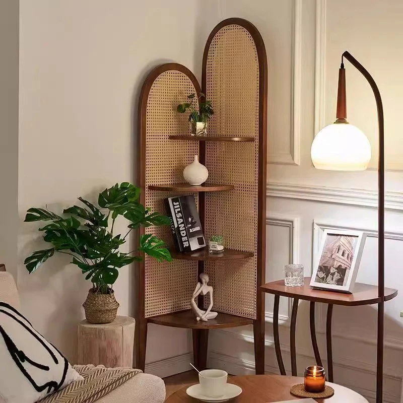 新中式转角柜置物架客厅卧室阳台三角柜藤编书架落地花架拐角A24
