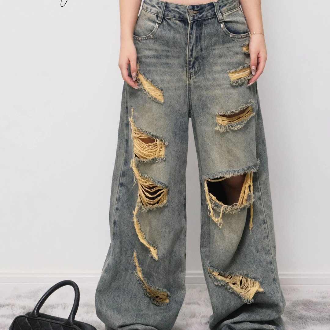 TwentyOne21AO水洗做旧破洞复古宽松直筒拖地牛仔裤