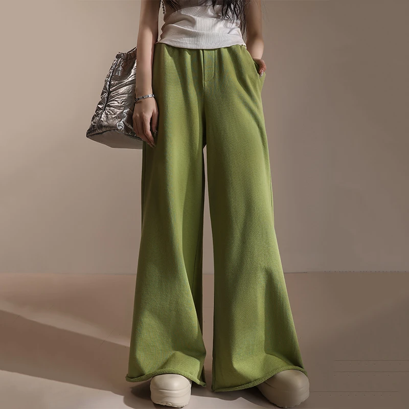 春针织阔腿裤长裤微拖地休闲宽松直筒微喇阔脚卫裤绿色女MD5146