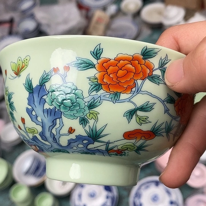 摆件陶绿稀土蝴蝶牡丹五寸碗