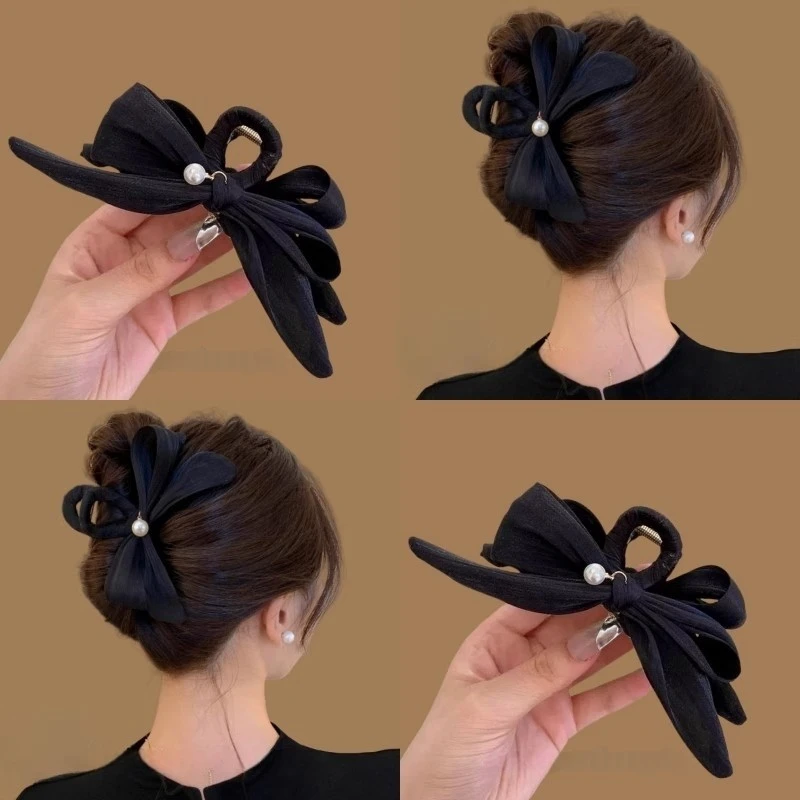 闲情淡雅~高级优雅褶皱蝴蝶结夹大号后脑勺发夹超仙鲨鱼夹新款