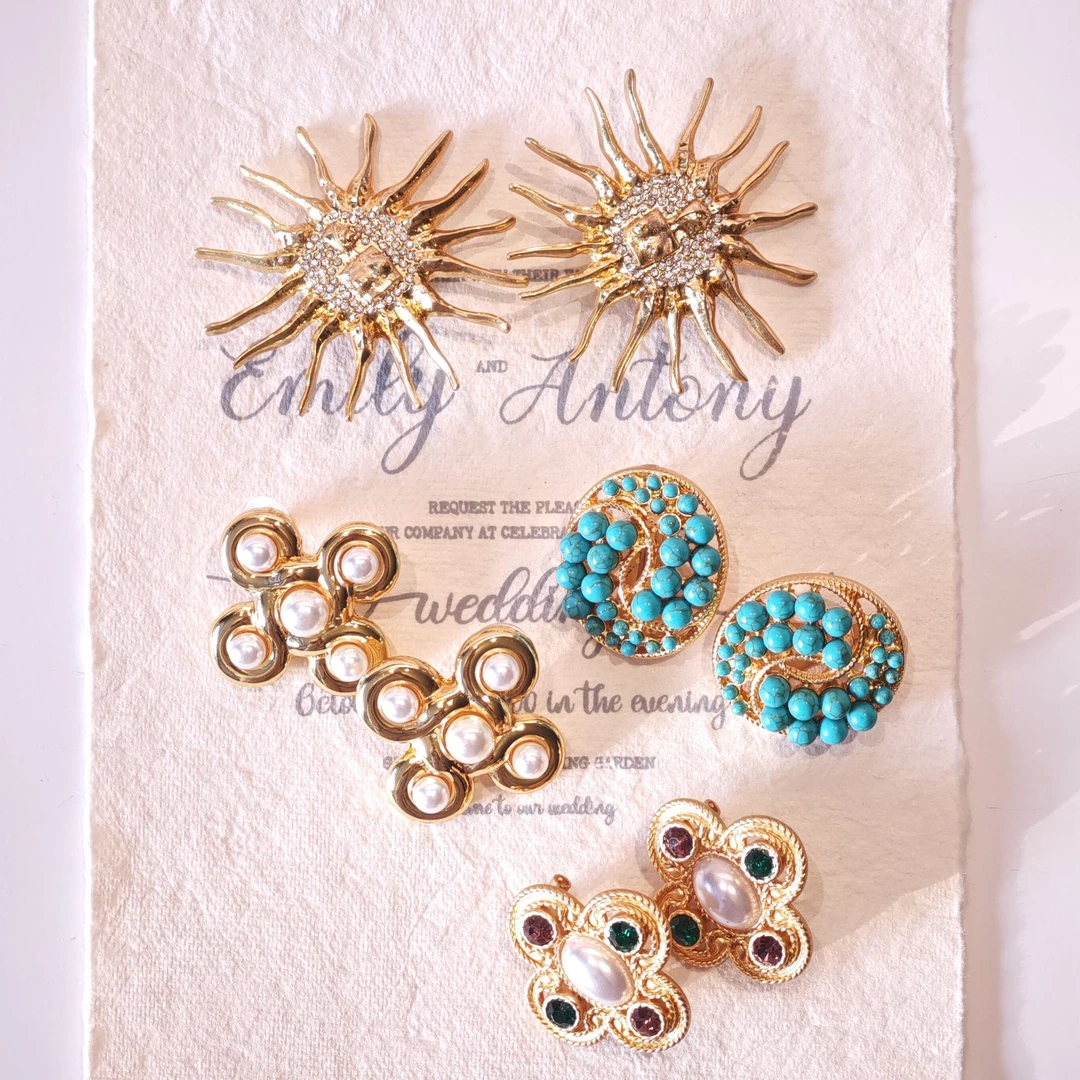 铜合金琉璃耳饰 中古vintage复古金耳饰