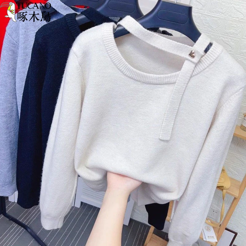 啄木鸟设计感打底针织衫秋冬新款飘带时尚高冷酷飒女装显瘦毛衣