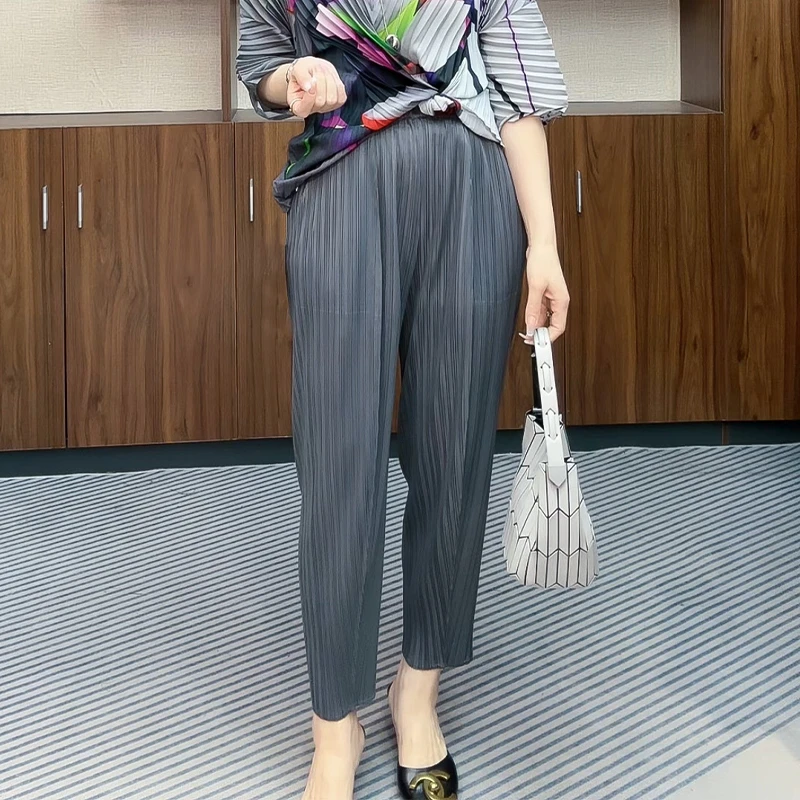 夏季松紧条纹休闲裤大码百搭休闲九分裤薄款外穿时尚垂感气质