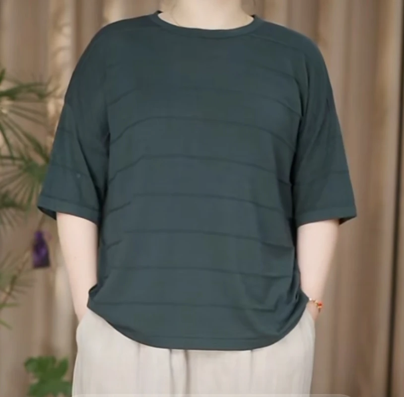 TY25015款桑蚕丝软糯薄款短袖t恤女圆领纯色条纹针织衫