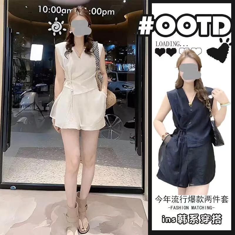 网纱拼接无袖背心上衣百搭短裤两件套2025夏季设计感系带收腰套装