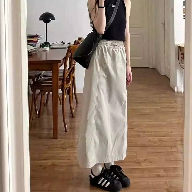 美式工装半身裙女新款胖mm遮胯显瘦高腰开叉中长款a字裙子小个子
