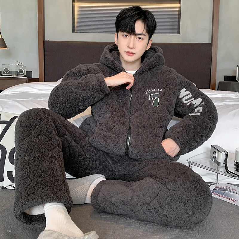 珊瑚绒睡衣男秋冬季加绒加厚三层夹棉保暖套装冬天初中学生家居服