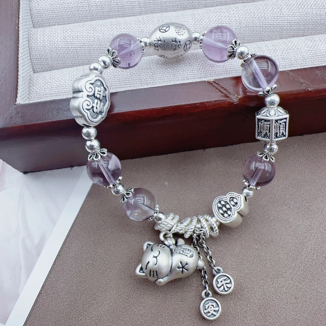 足银手链 足银999福桶珠平安福禄手链原创设计算盘开运猫手串女