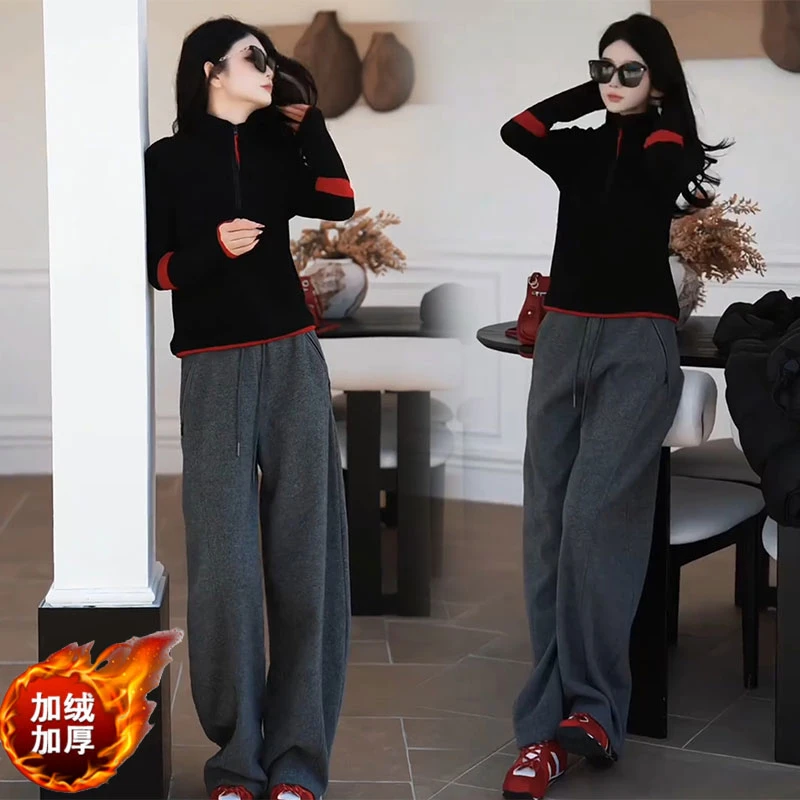 小个子时尚潮流正肩长袖上衣百搭松紧腰加绒卫裤子秋冬季减龄穿搭
