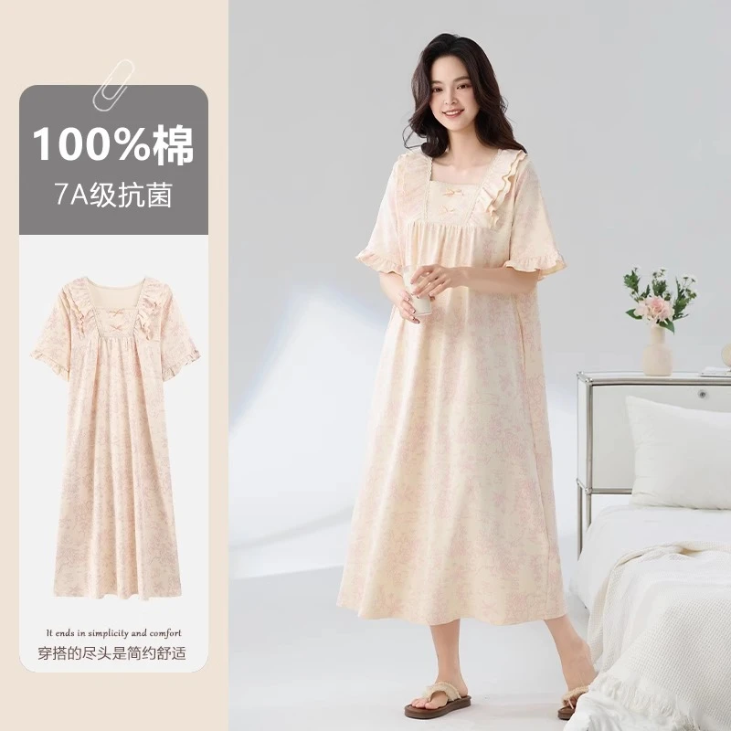2025夏季新款纯棉短袖睡裙女甜美公主风宽松大码连衣裙薄款家居服