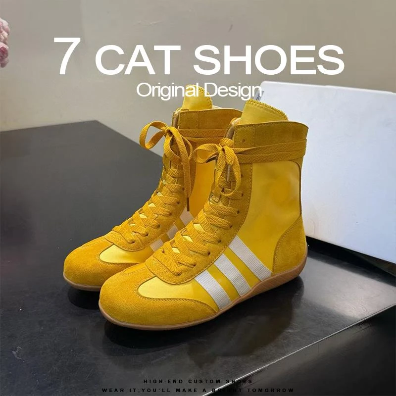 轻便软底平底高帮德训鞋女2025春季新款大头丑萌鞋系带拼色运动鞋