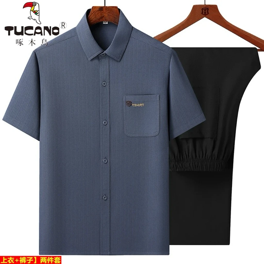 TUCANO/啄木鳥爸爸短袖冰丝衬衫领休闲薄款宽松夏装中老年上衣