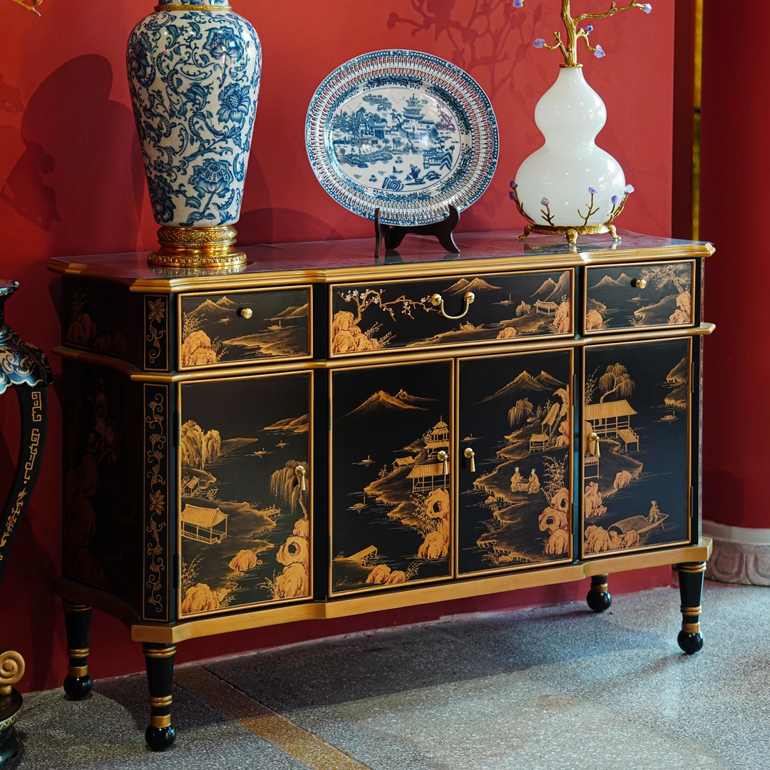 【本尼家】TS38新中式实木描金山水漆画边柜140*48*91cm玄关柜