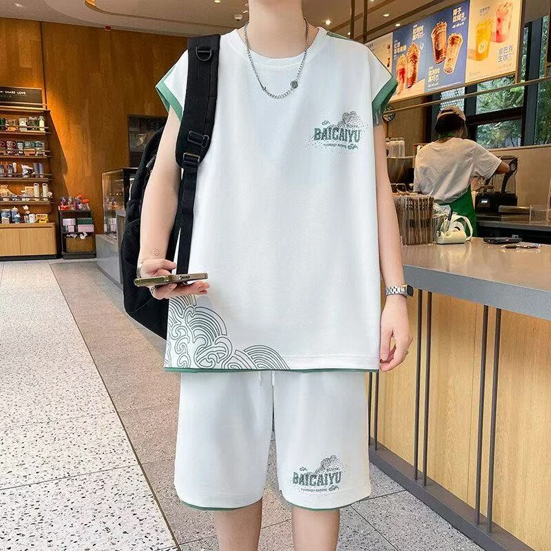 青少年短裤夏季无袖薄款男休闲运动套装外穿ins学生拼接两件套潮