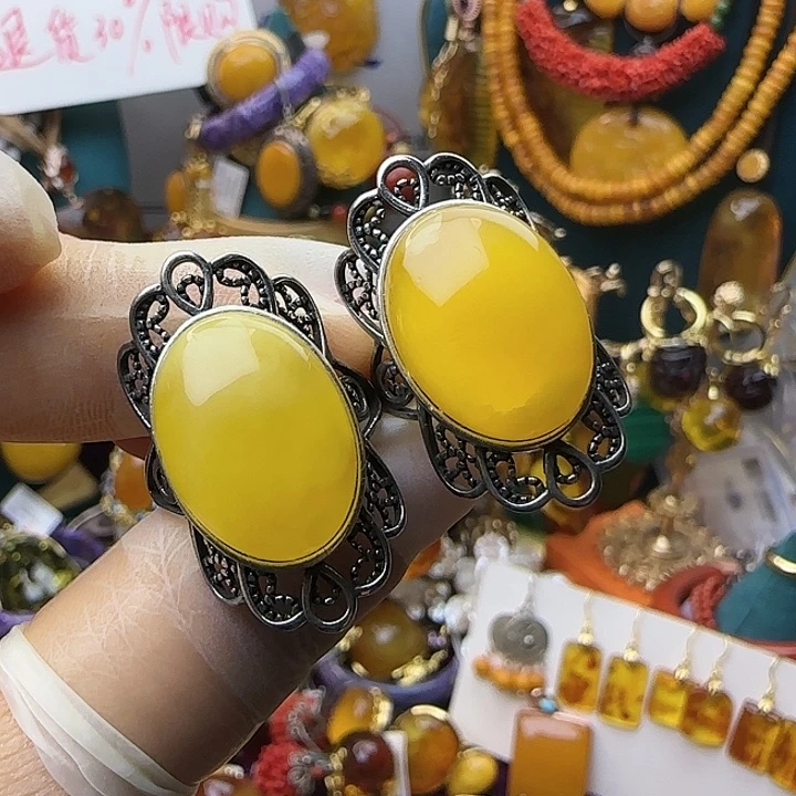 琥珀银S925镶嵌戒指