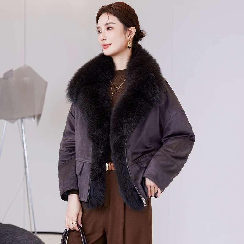 狐狸毛领鹅绒羽绒服女短款皮草外套2025新款爆款麂皮绒派克服冬