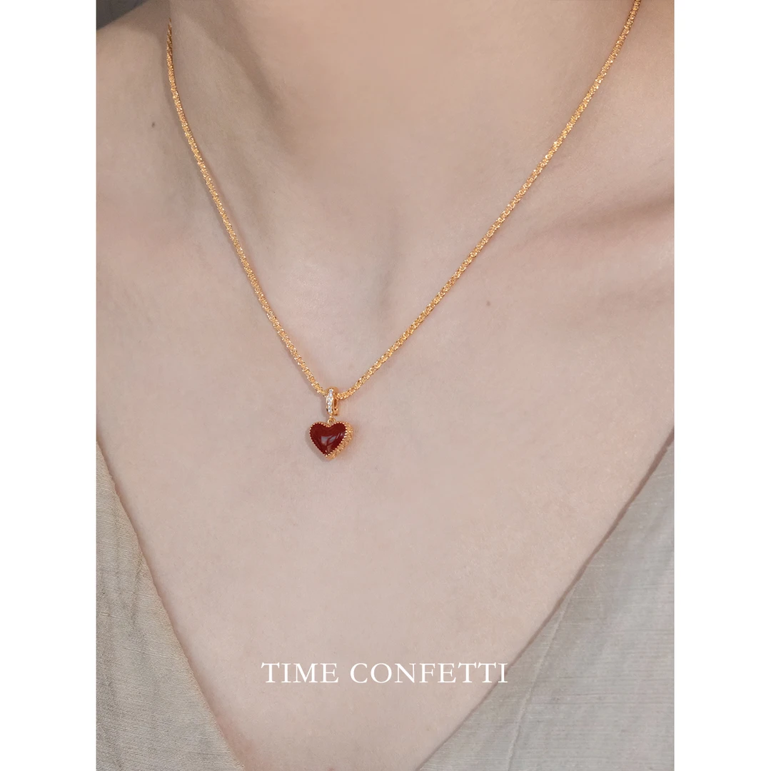 黄铜项链 镀K金【孙二娘】安哥拉红爱心吊坠双面锁骨链TC 9948