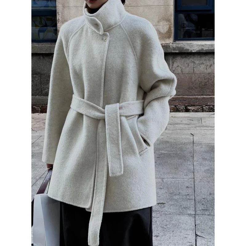 8530号#6175#秋冬极简百搭休闲双口袋立领大衣外套（配腰带）（预）
