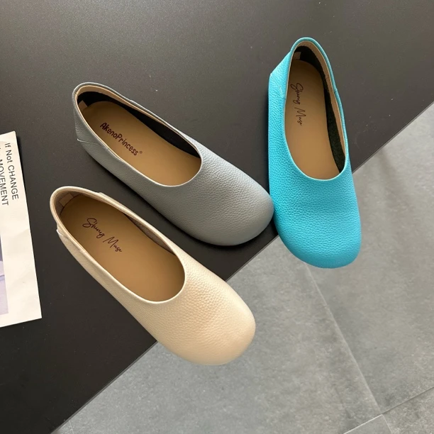 ShinyMuse韩版新款真皮圆头一脚蹬百搭奶奶平底鞋