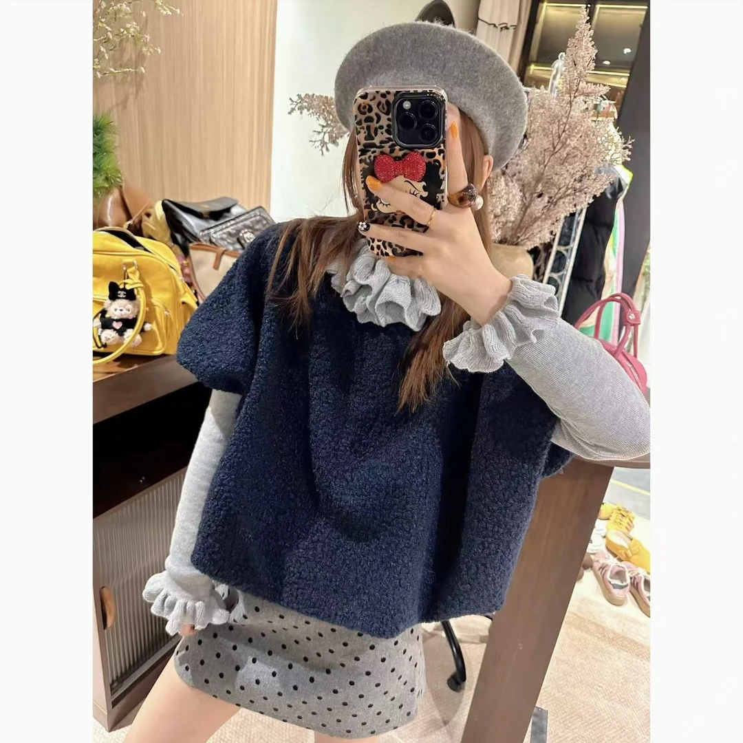 【龙葵果酱】气质名媛高级感小香风蓝色泡泡袖马甲外套8935