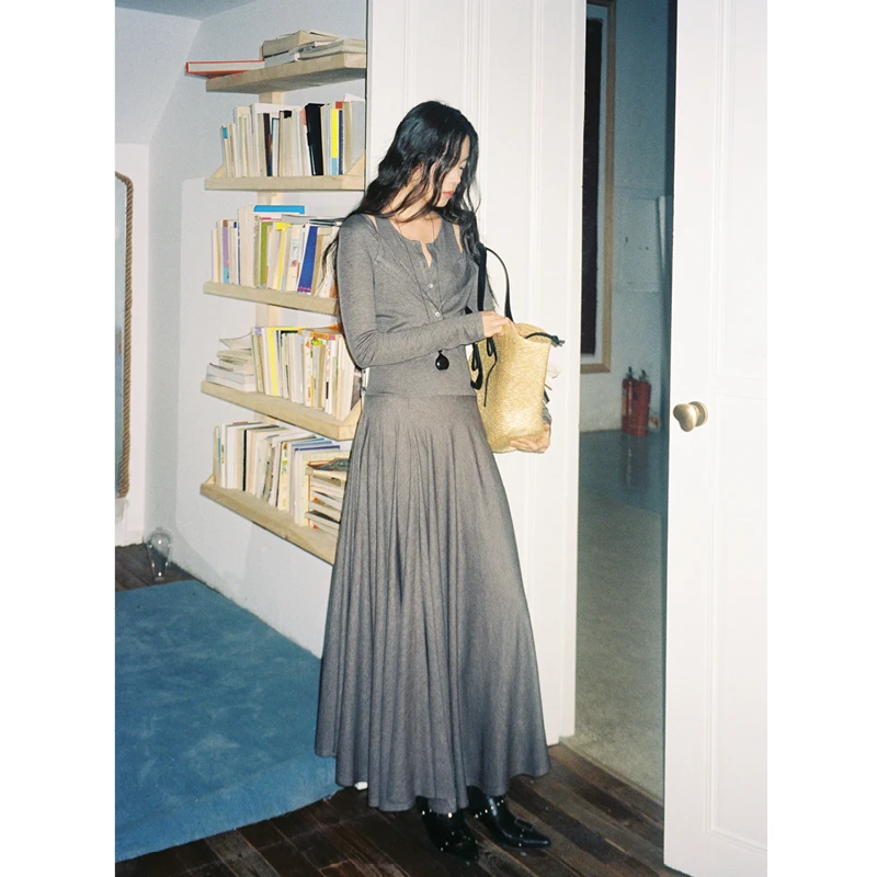 【2/13 新品】柔软亲肤桑蚕丝 圆领两穿修身显瘦不规则长款连衣裙