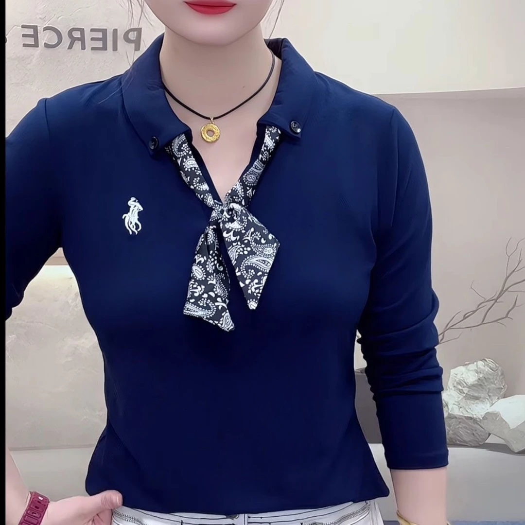 春秋新款优雅气质Polo领丝巾时尚百搭打底长袖T恤女洋气上衣外穿