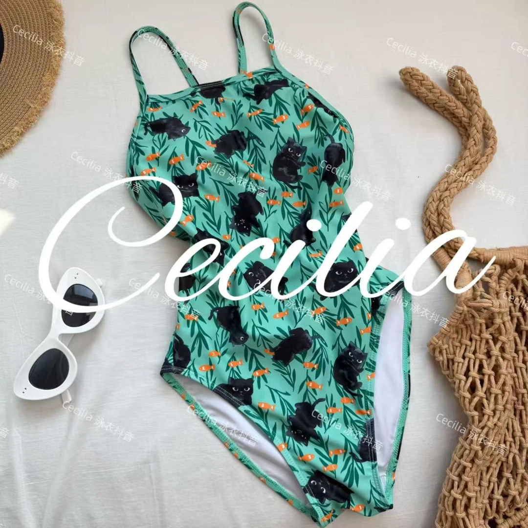 【猫抓鱼】新款专业竞速游泳衣女双层连体三角显瘦复古速干气质