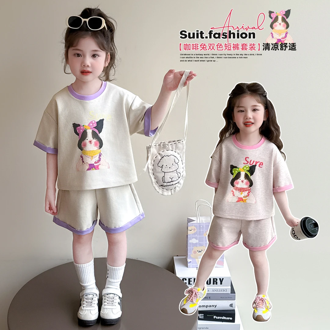 女童套装夏季洋气撞色儿童短袖短裤两件套小女孩宝宝夏装2025新款