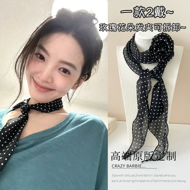 长条波点立体玫瑰花丝巾女春夏薄款氛围感小众围巾领巾百搭围脖潮