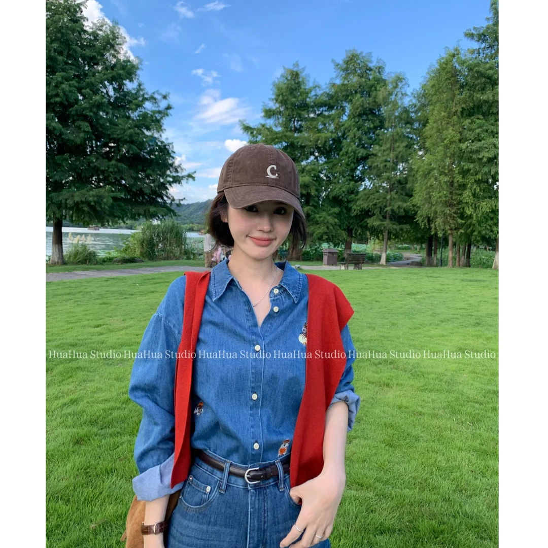 【花花】刺绣单宁~卡通图案刺绣水洗牛仔长袖衬衫