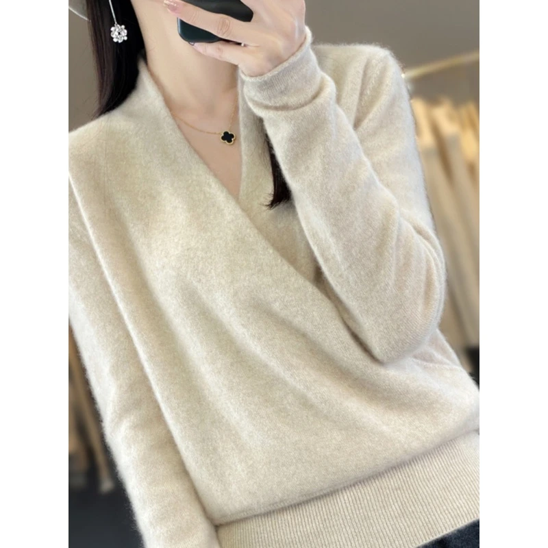 100纯羊毛衫女套头上衣23秋冬新款交叉V领纯色长袖毛衣气质针织衫