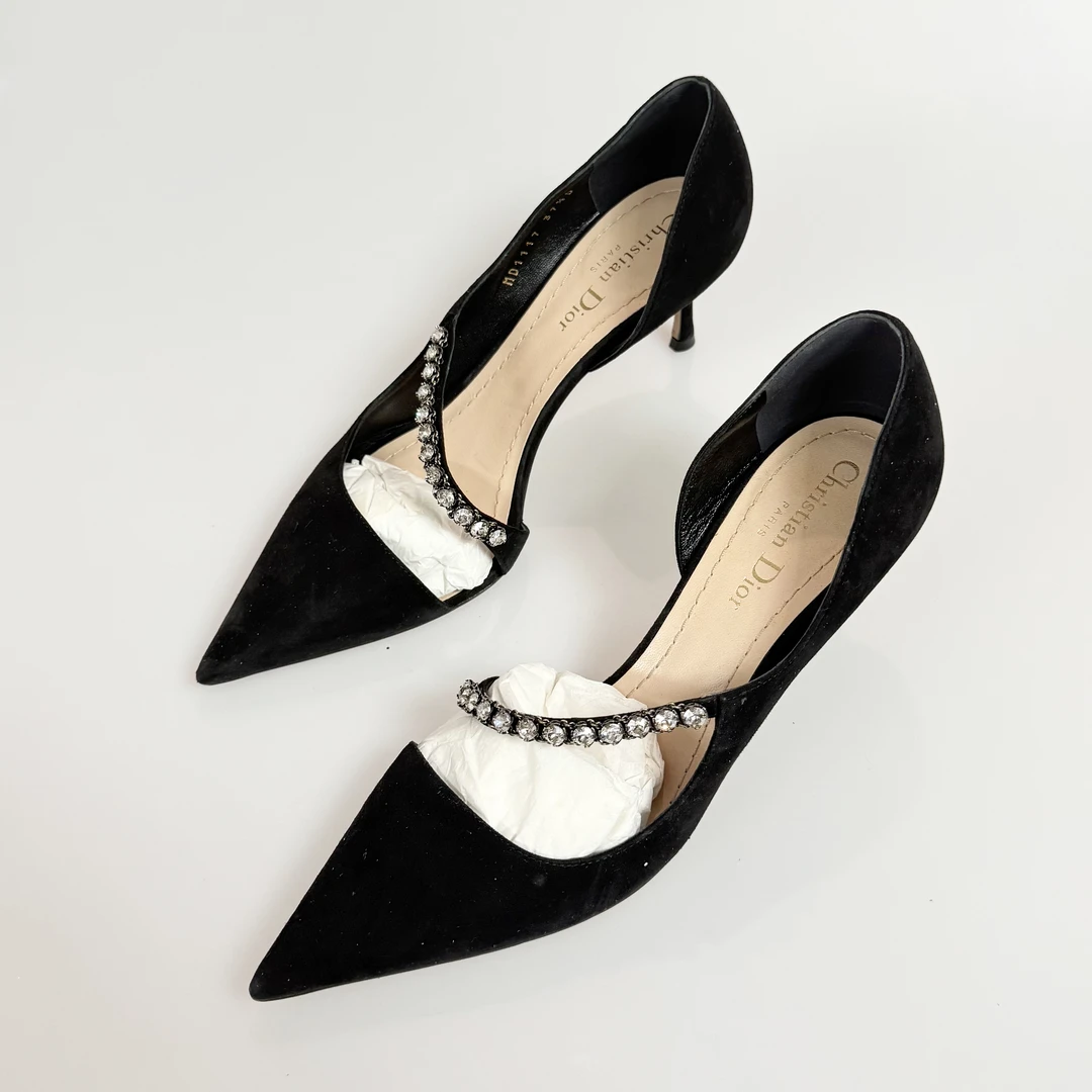 99新 DIOR/迪奥 37.5码Dior 迪奥秀款黑色水钻高跟鞋98新