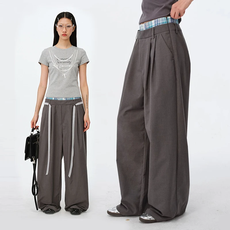 【双腰头纯色西裤】格纹拼接双腰头西裤夏季休闲裤Turnthetables