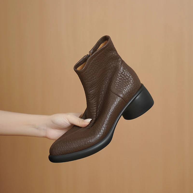 头层羊皮5厘米厚底粗跟短靴 大码真皮时装靴复古时尚百搭粗跟女靴