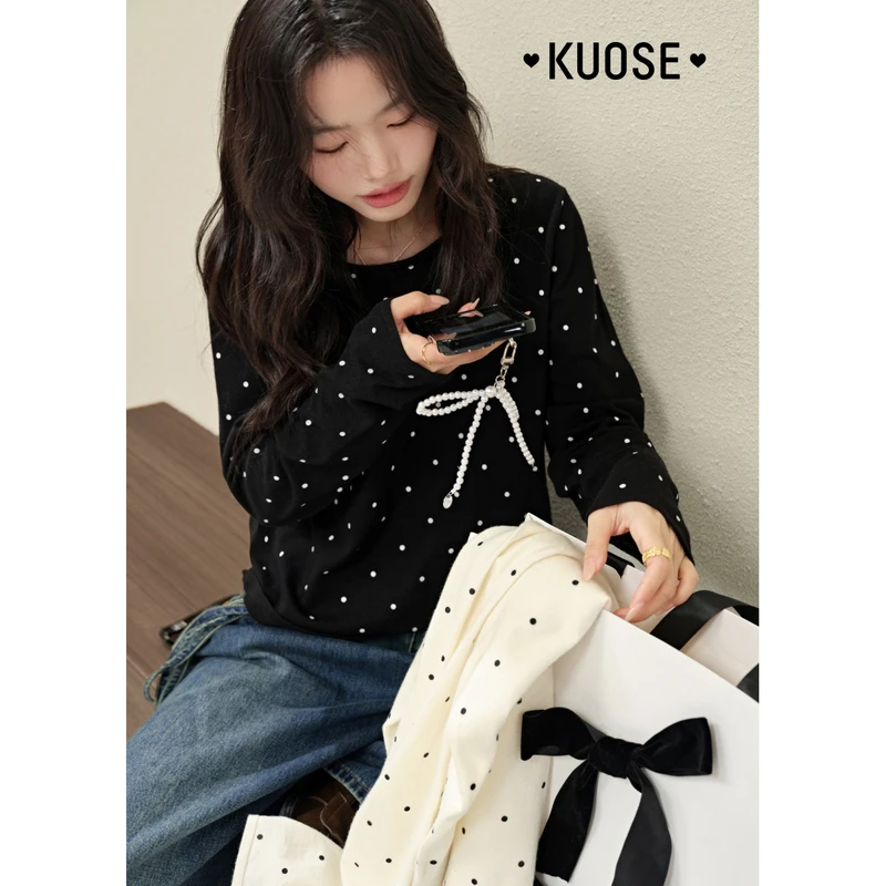 阔色波点打底针织衫2025春新款气质甜美T恤KSA2412001