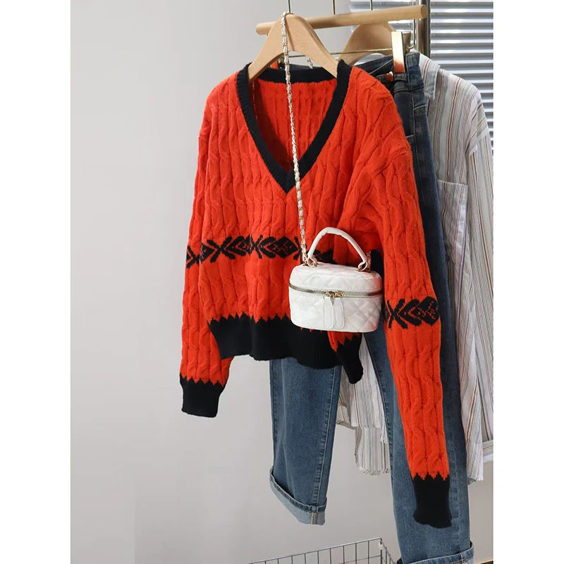 撞色V领长袖针织衫女春秋冬新款宽松显瘦百搭毛衣短款上衣厚外套