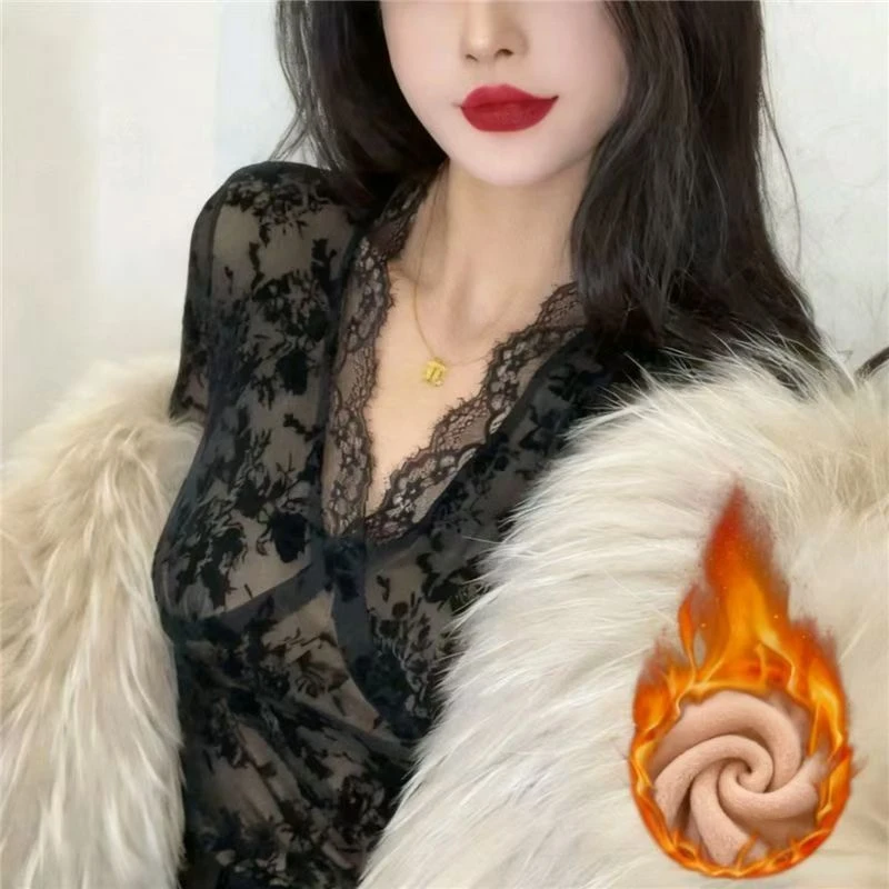 蕾丝长袖V领花边纯欲风轻熟风蕾丝衫洋气内搭打底衫显瘦气质小衫