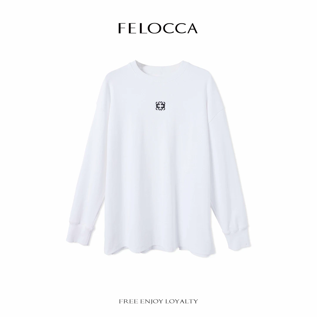 【FELOCCA】新款圆领白色基础刺绣长袖t恤女宽松休闲嘻哈情侣CC2397