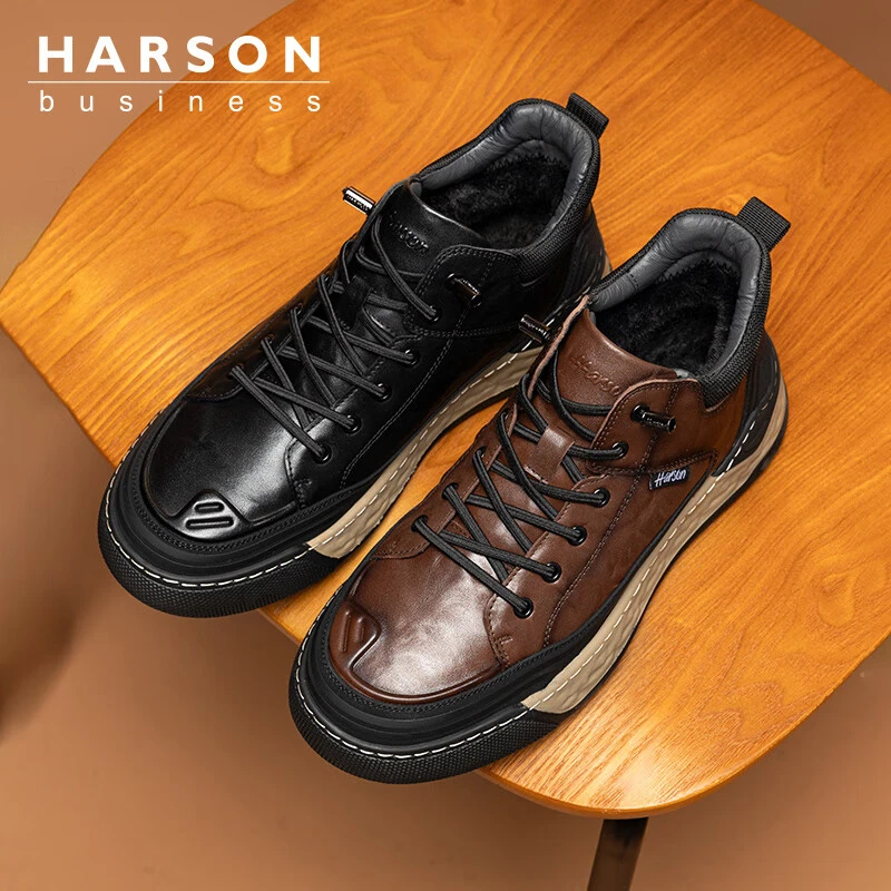 哈森Harson男鞋秋冬季新款牛皮加绒加厚保暖棉靴真皮休闲中帮板鞋