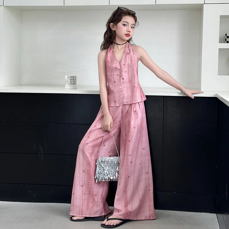 女童夏季套装粉色高级感露肩挂脖上衣垂感阔腿裤韩系气质两件套潮