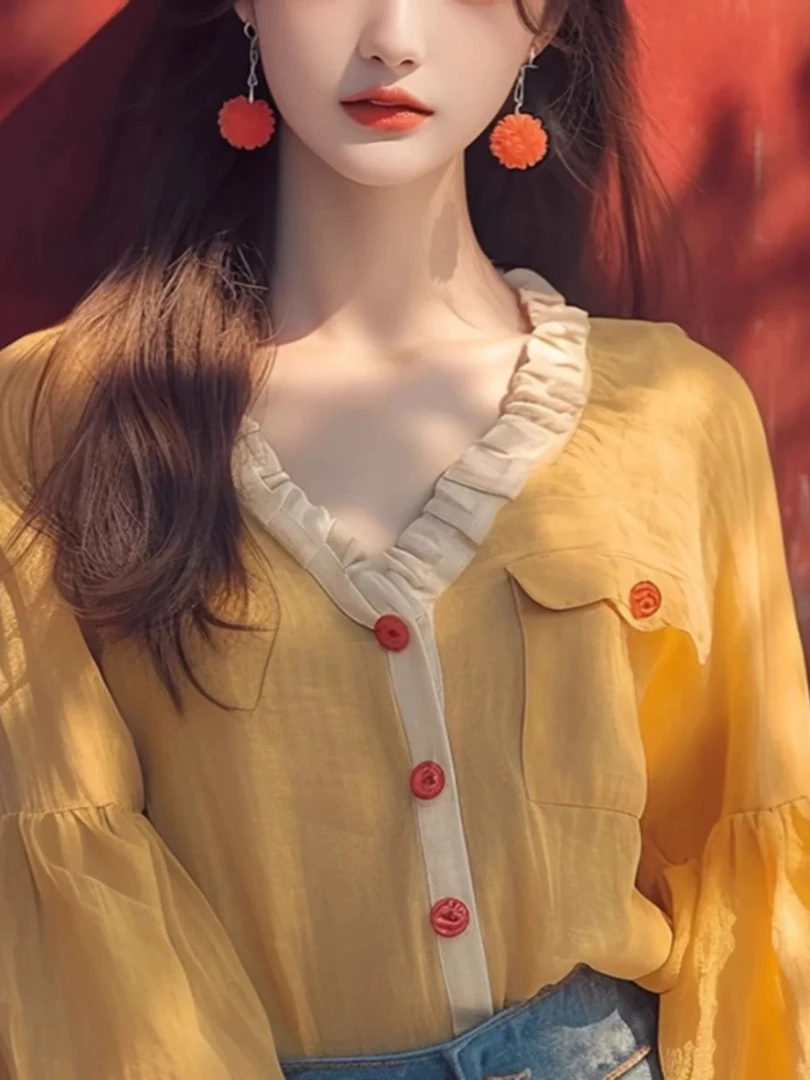 4733 GZ法式小众V领灯笼袖衬衫秋设计感洋气独特绝美漂亮上衣