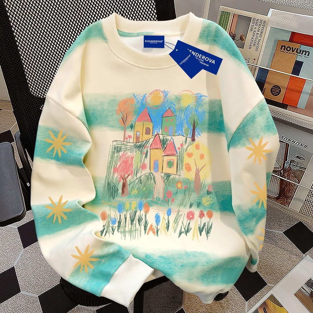 日系休闲扎染横条圆领卫衣男女秋冬季加绒加厚宽松显瘦简约上衣服