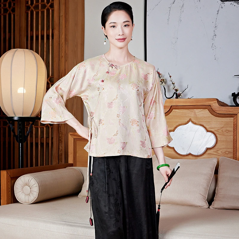 【淡雅疏离】新宋锦清新显白宽松中式复古圆领国风唐装上衣W25096