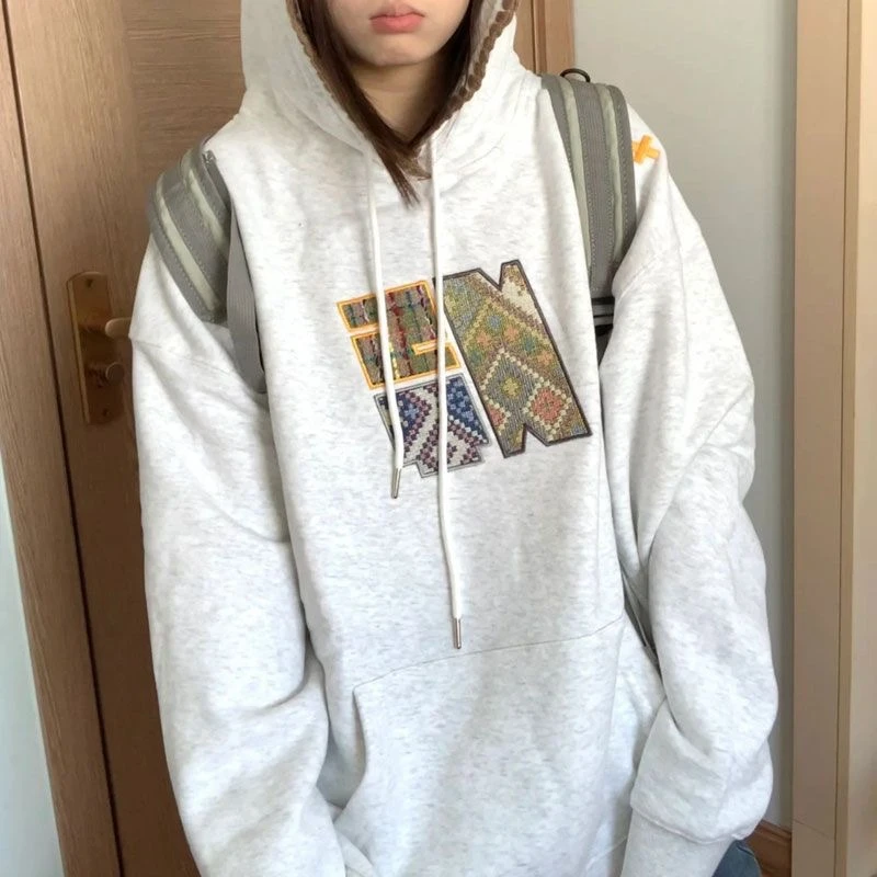 美式贴布刺绣连帽套头卫衣女秋冬宽松复古慵懒风休闲帽衫外套加绒