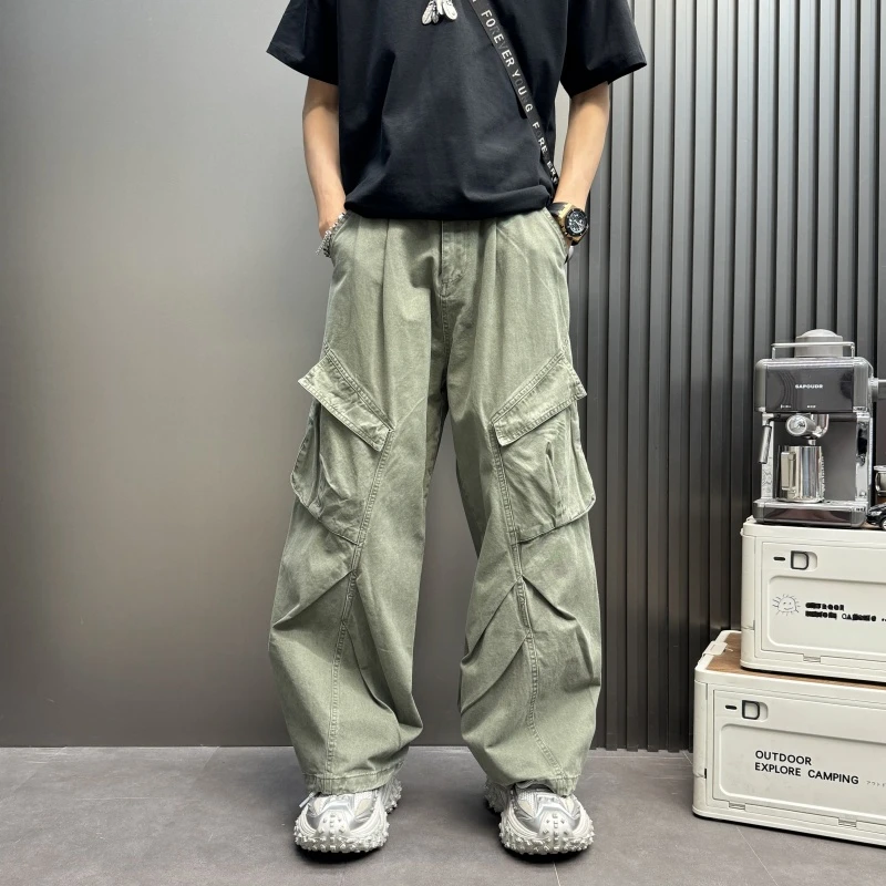 褶皱斜口袋工装裤大直筒阔腿垂感宽松纯色休闲男士褶皱垂感阔腿裤